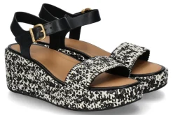 New Keilsandale RAFFIA LEATHER- schwarz/ivory mix Damen Sandalen | Keilschuhe